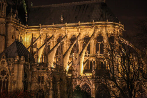 Notre-Dame Paris buttresses at night