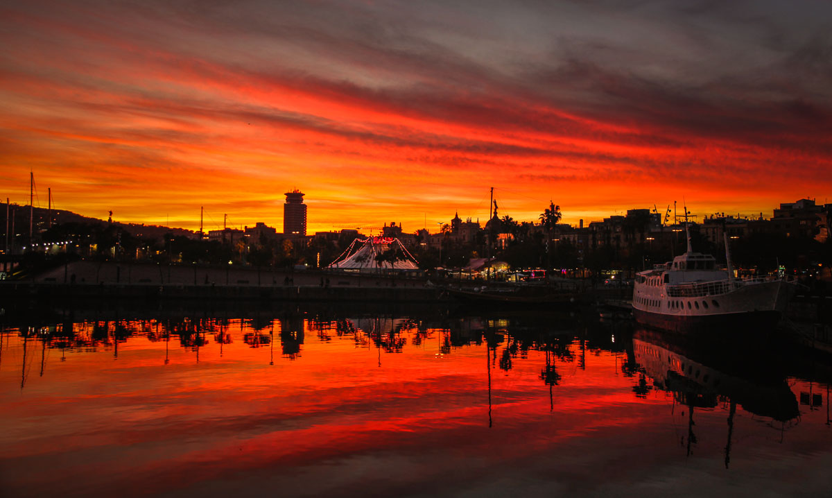 Barcelona harbor sunset