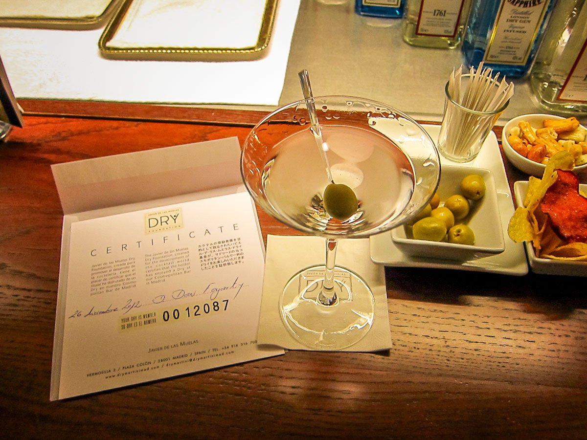 Dry Martini Bar Madrid certificate