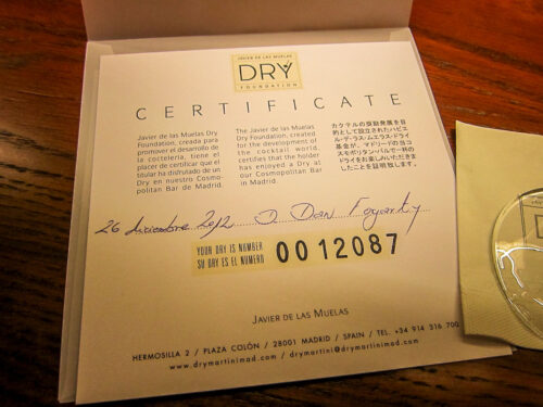 Dry Martini Bar Madrid certificate