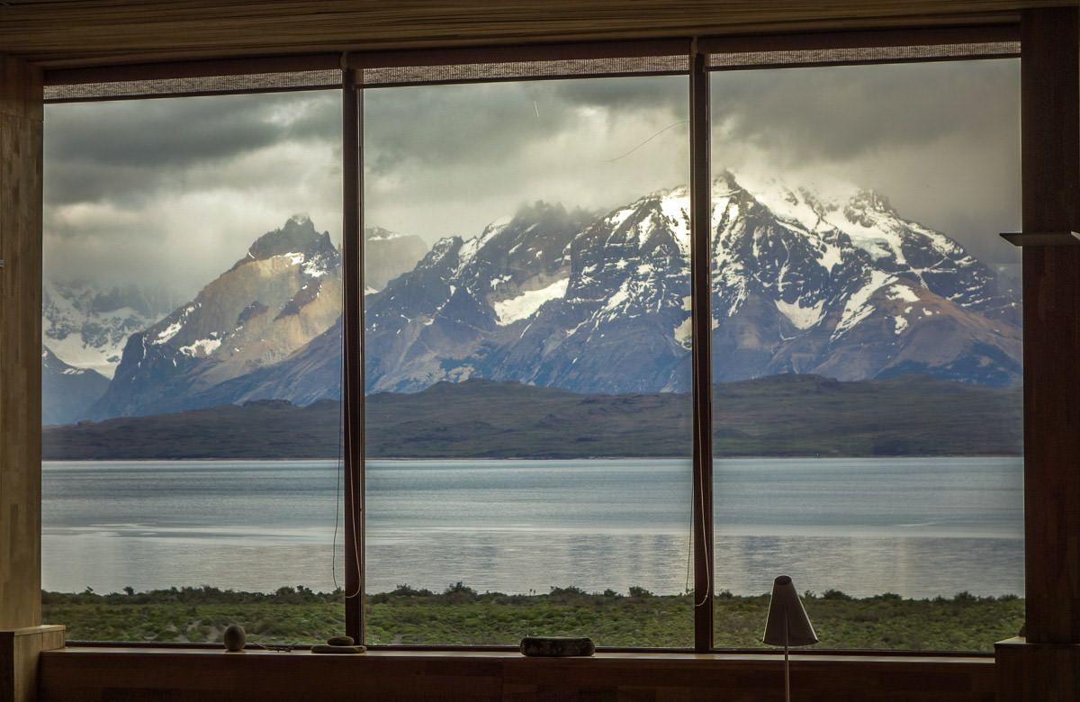 view of Lago Sarmiento from lobby of Tierra Patagonia