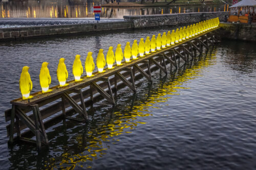 Cracking Art Group penguins Prague Kampa Park pier