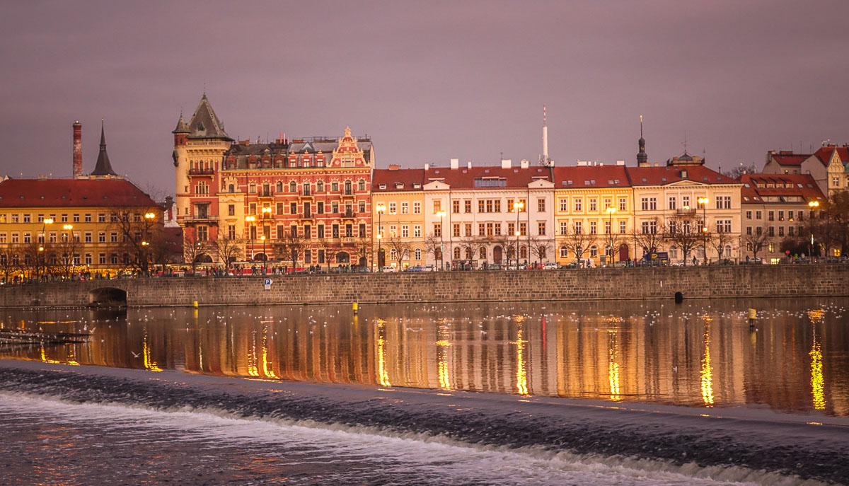 waterfall on Vltava River sunset