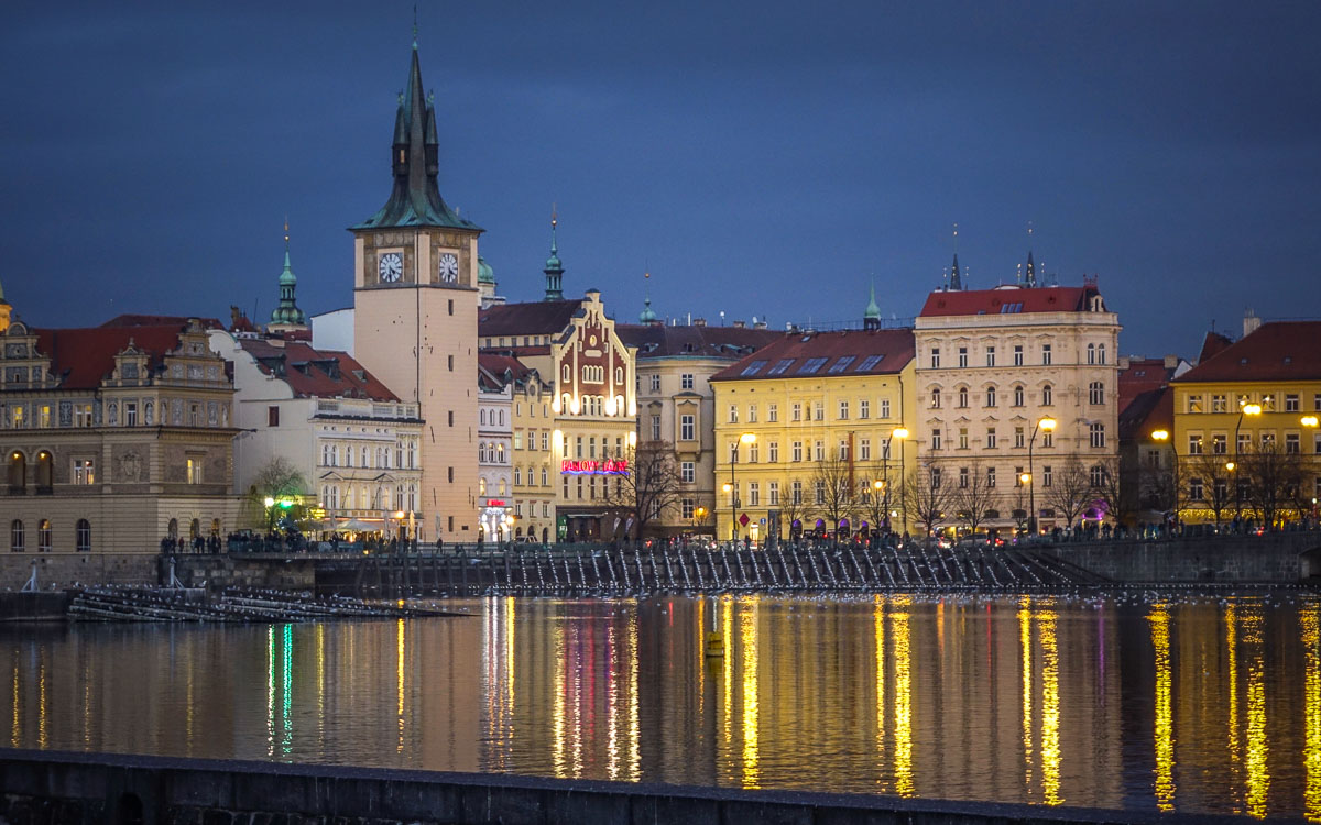 Prague buildings along Vltava River night