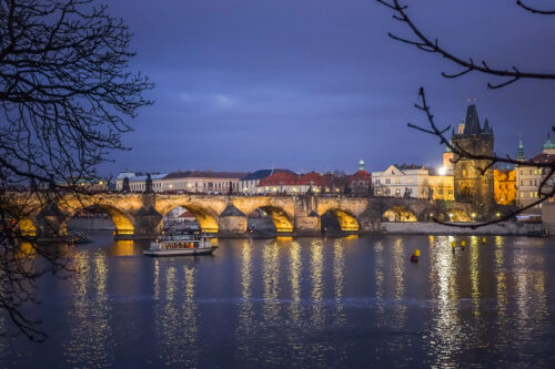 river in Prague at dusk