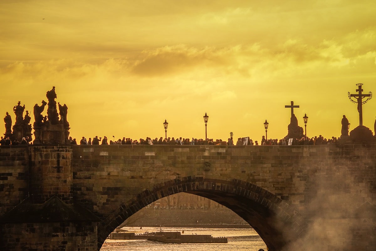 busy foot traffic Charles Bridge Prague