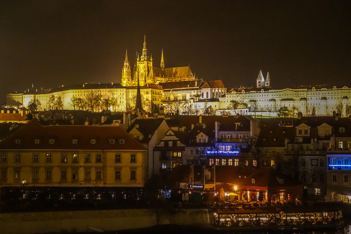 View of Prague Castle at night.