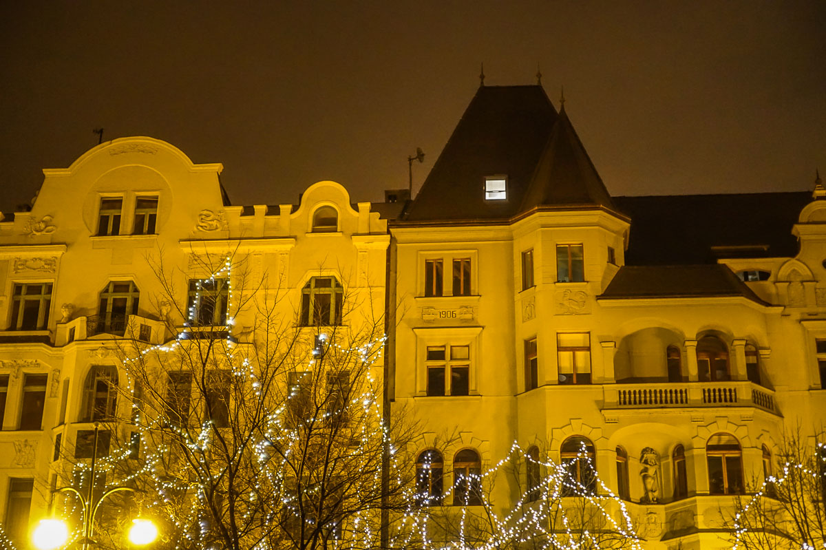 Prague building at night