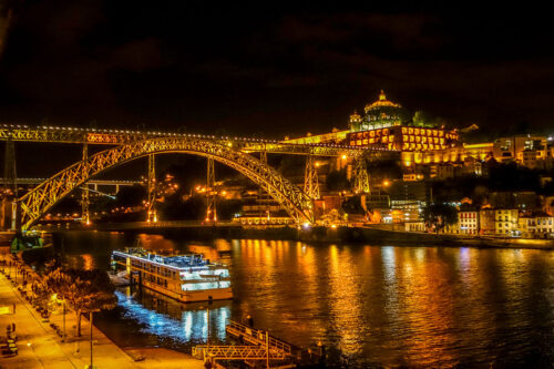 Douro River bridge at night Porto