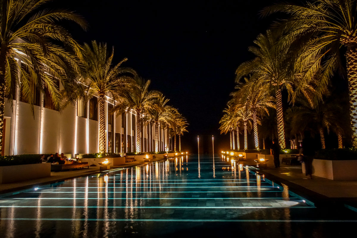 The Chedi Muscat Long Pool at night