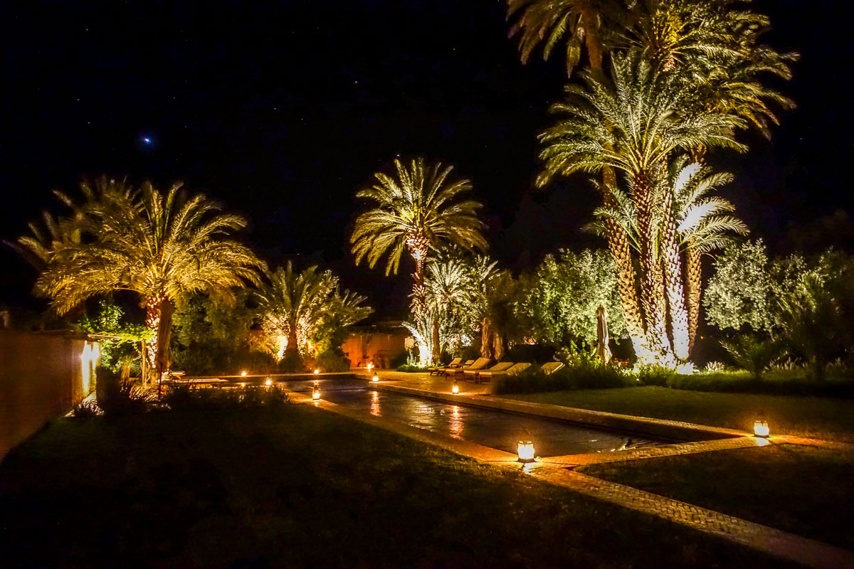 Dar Ahlam pool lights at night