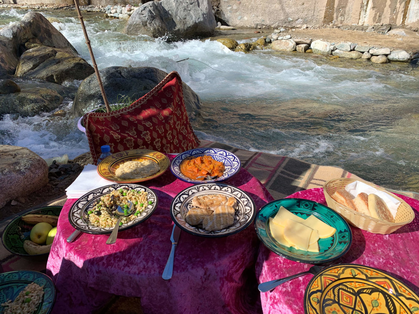 Dining by river Setti Fatma Ourika Valley Morocco
