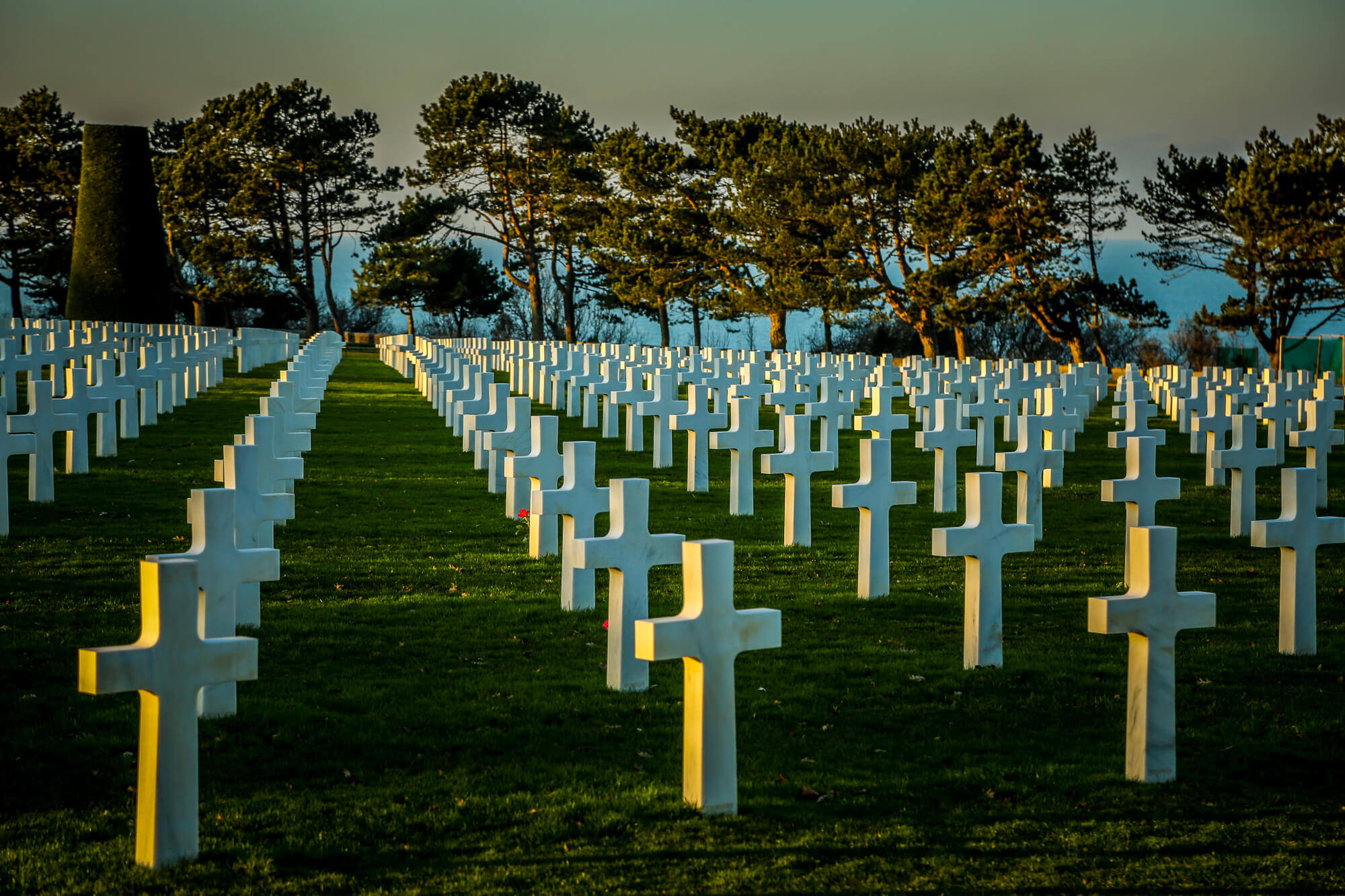 Normandy American Cemetery crosses at sunset