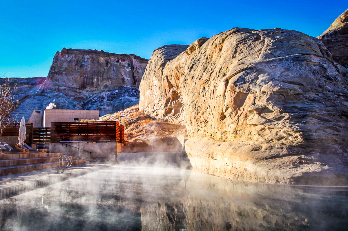 Amangiri pool in morning mist