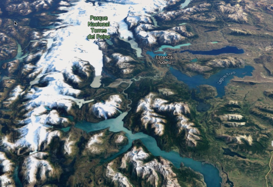 Satellite view of Torres del Paine national park