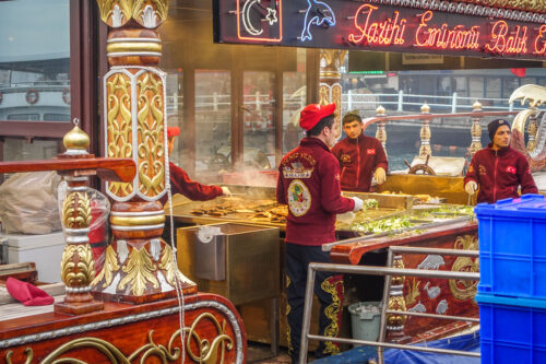 Fish sandwich restaurant street food Istanbul