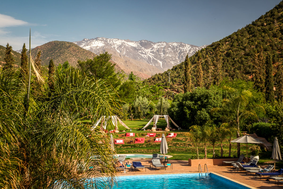 view of Toubkal from Kasbah Tamadot pool